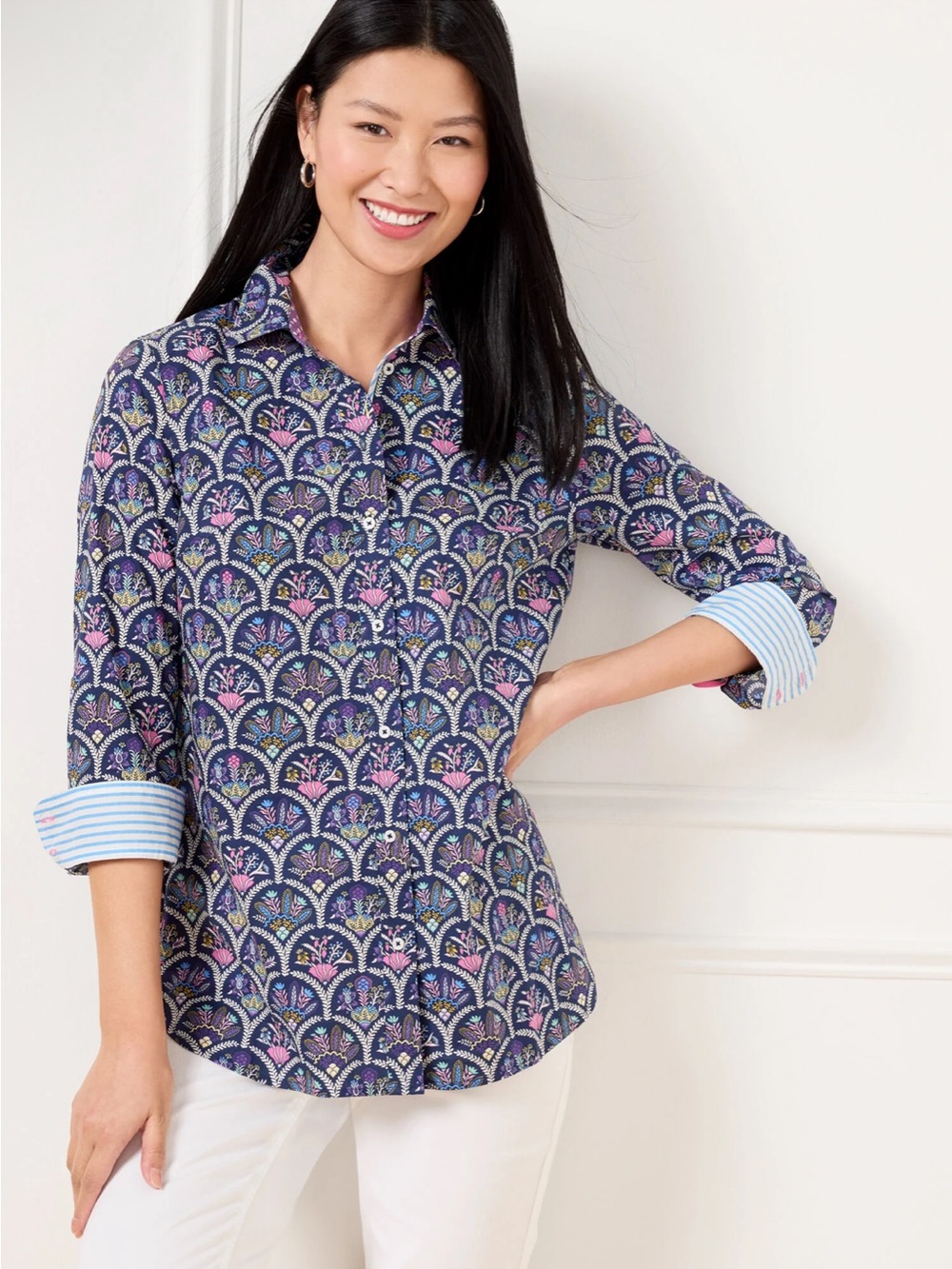 Talbots Modern Classic Shirt - Scalloped Floral Button Down Shirt Size XL